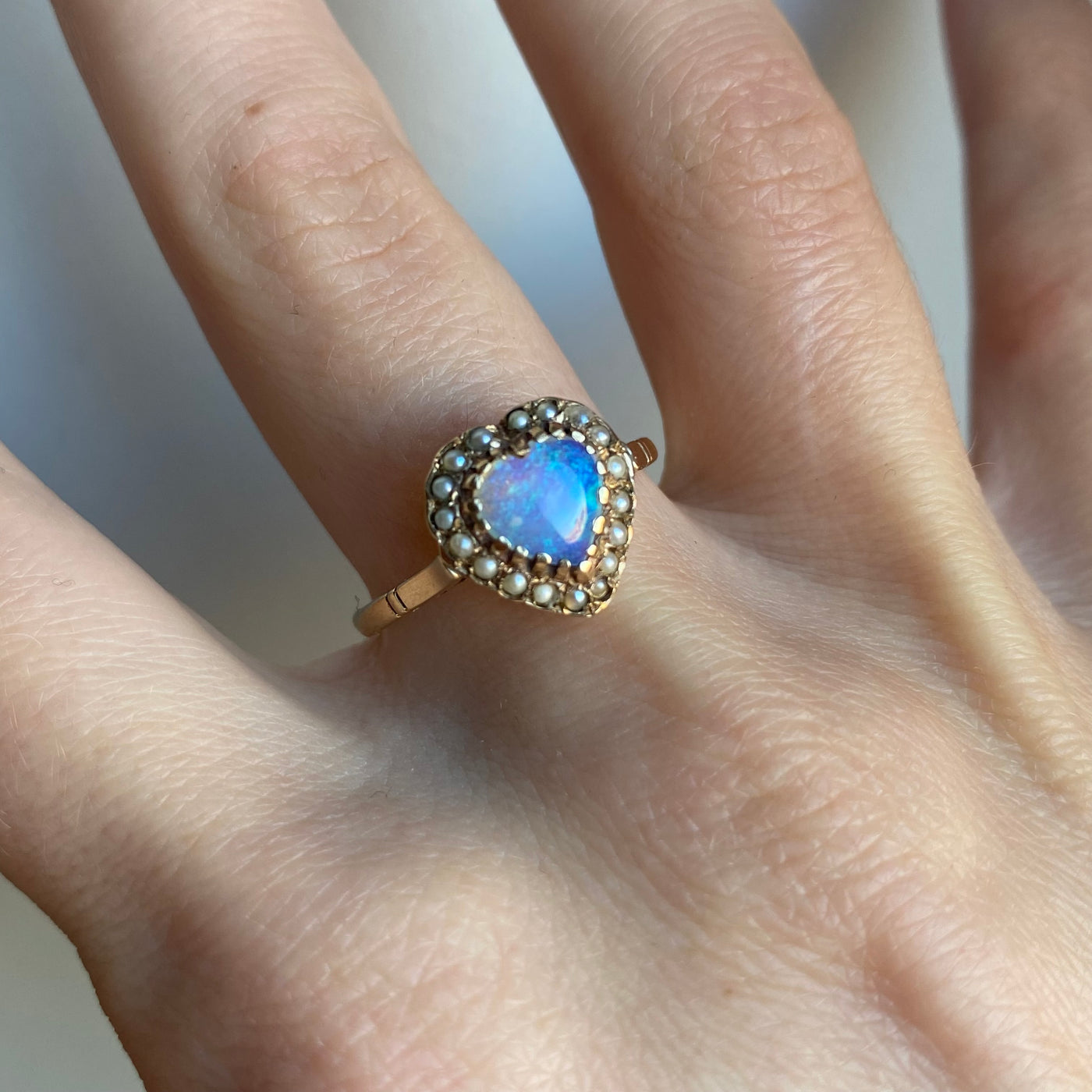 9ct Gold Opal & Pearl Heart Antique Ring