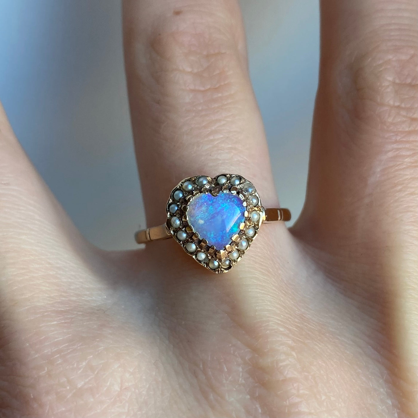 9ct Gold Opal & Pearl Heart Antique Ring