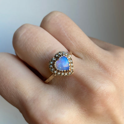 9ct Gold Opal & Pearl Heart Antique Ring