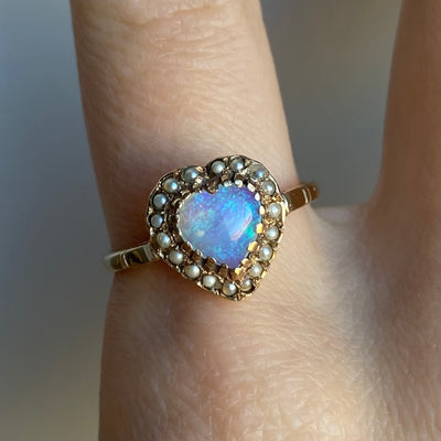 9ct Gold Opal & Pearl Heart Antique Ring