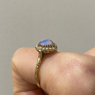 9ct Gold Opal & Pearl Heart Antique Ring