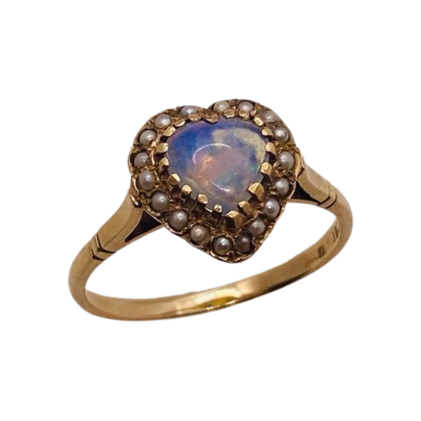 9ct Gold Opal & Pearl Heart Antique Ring