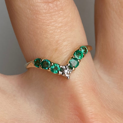 9ct Gold Emerald & Diamond Wishbone Ring