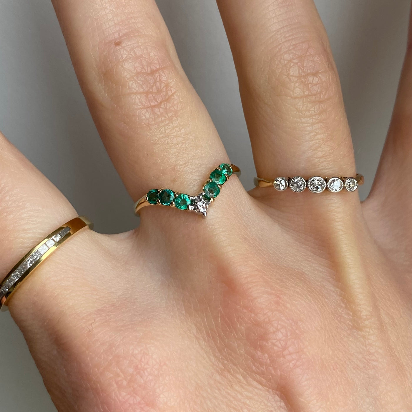 9ct Gold Emerald & Diamond Wishbone Ring