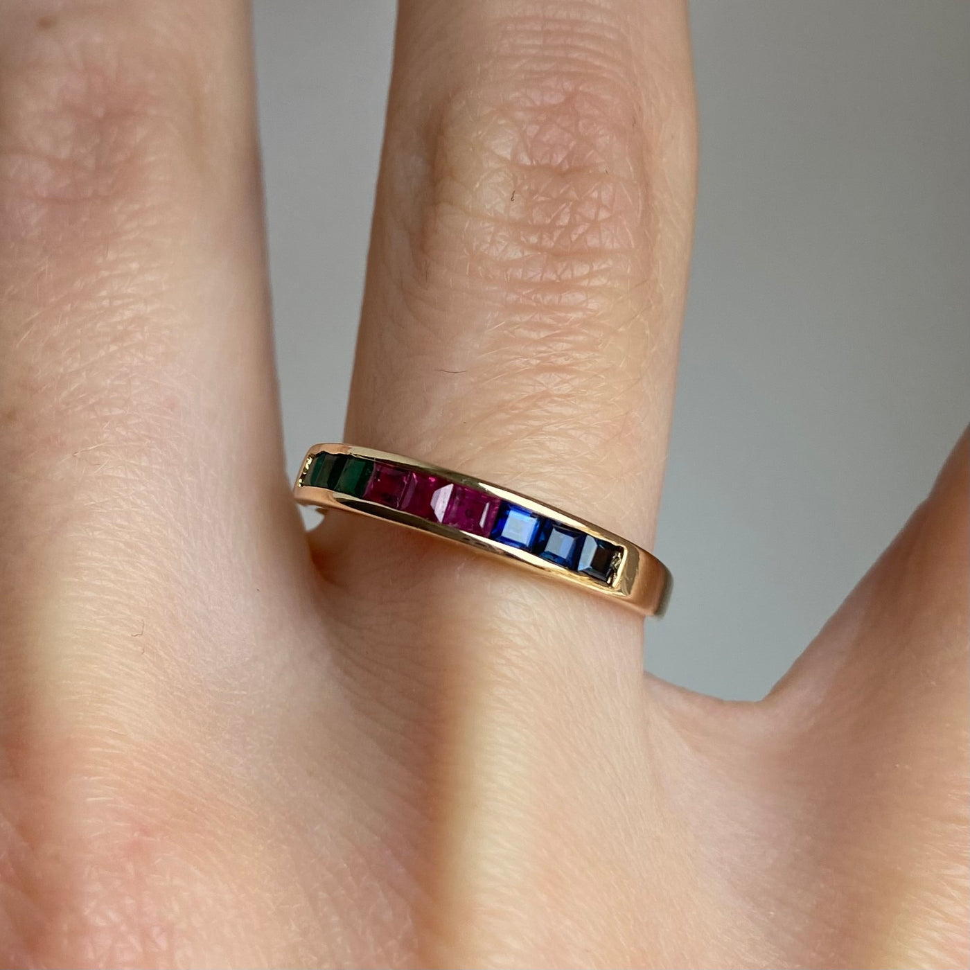 14ct Gold Princess Cut Emerald, Ruby & Sapphire Trio Ring