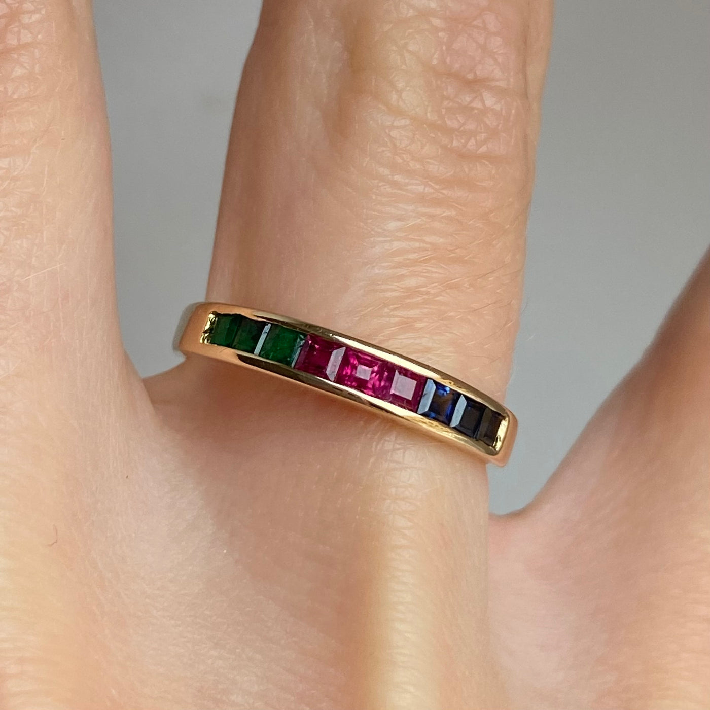 14ct Gold Princess Cut Emerald, Ruby & Sapphire Trio Ring