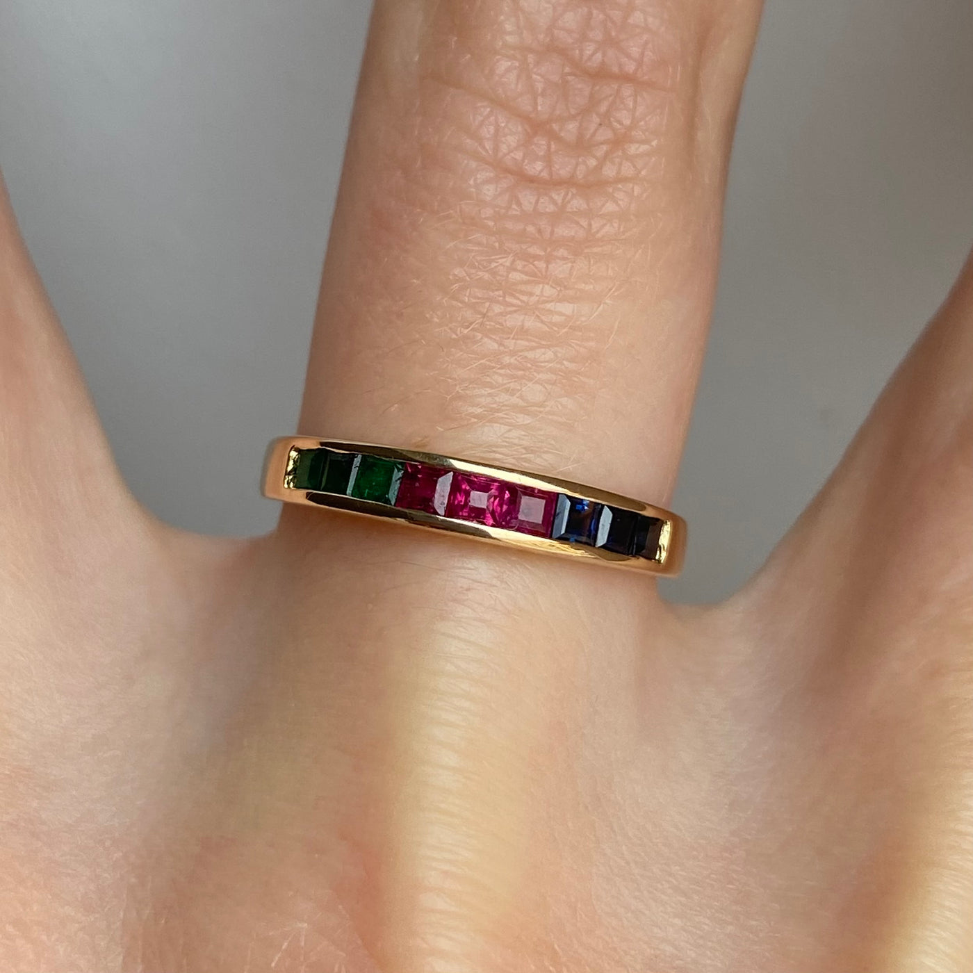 14ct Gold Princess Cut Emerald, Ruby & Sapphire Trio Ring