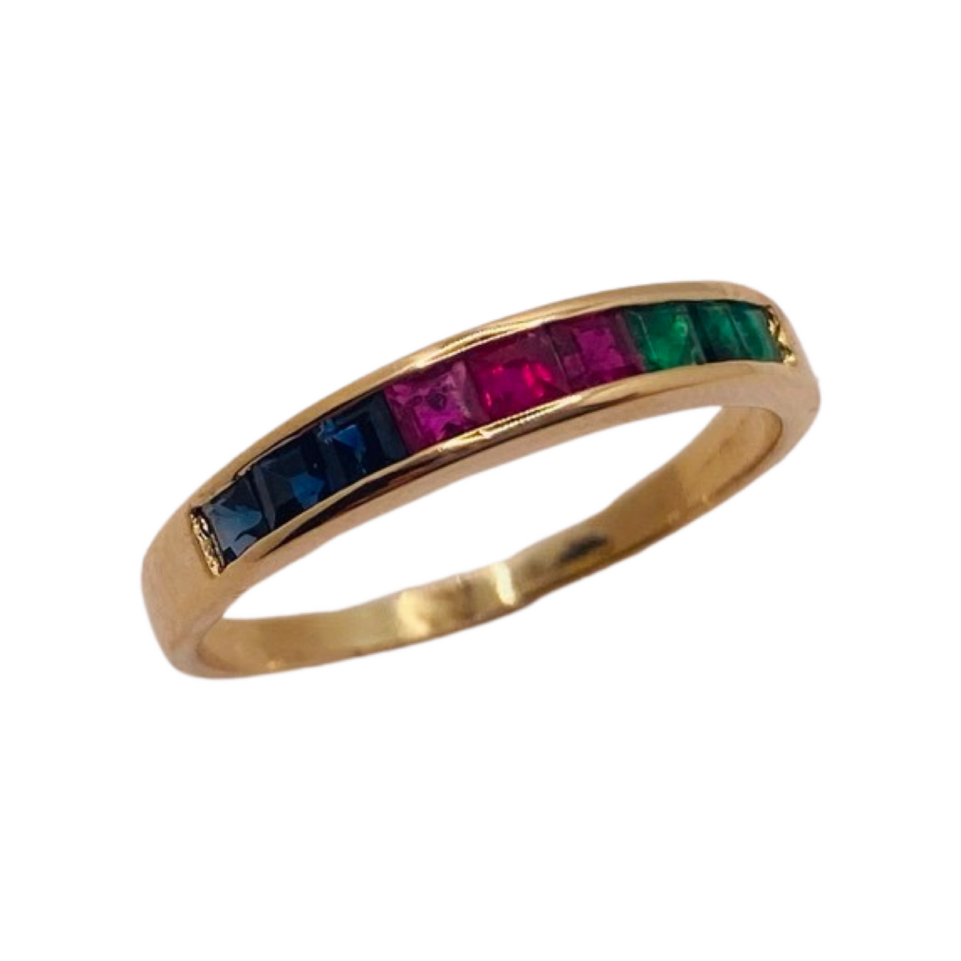 14ct Gold Princess Cut Emerald, Ruby & Sapphire Trio Ring