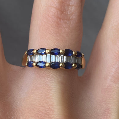 18ct Gold Baguette Diamond and Marquise Sapphires Ring