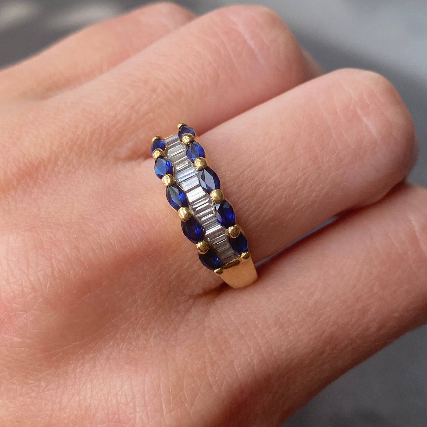 18ct Gold Baguette Diamond and Marquise Sapphires Ring