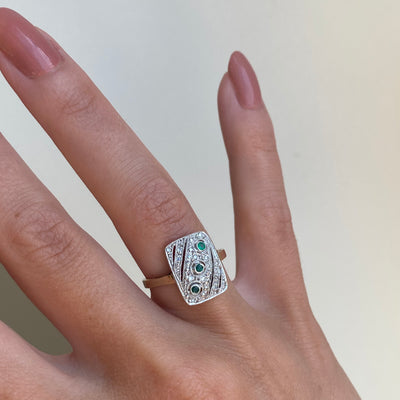 9ct Gold Emerald & Diamond Rectangle Art Deco Style Ring