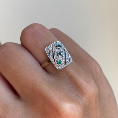 9ct Gold Emerald & Diamond Rectangle Art Deco Style Ring