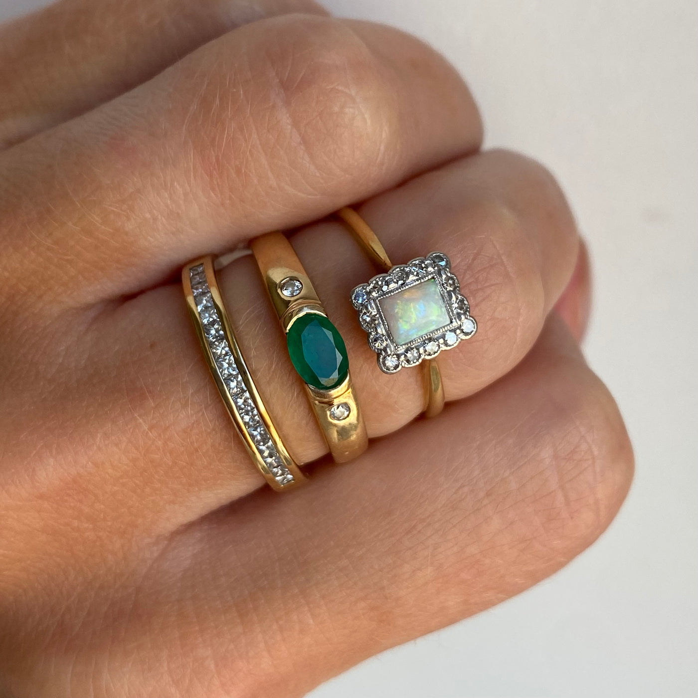 14ct Gold Oval Emerald & Double Diamond Ring