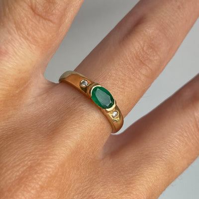 14ct Gold Oval Emerald & Double Diamond Ring