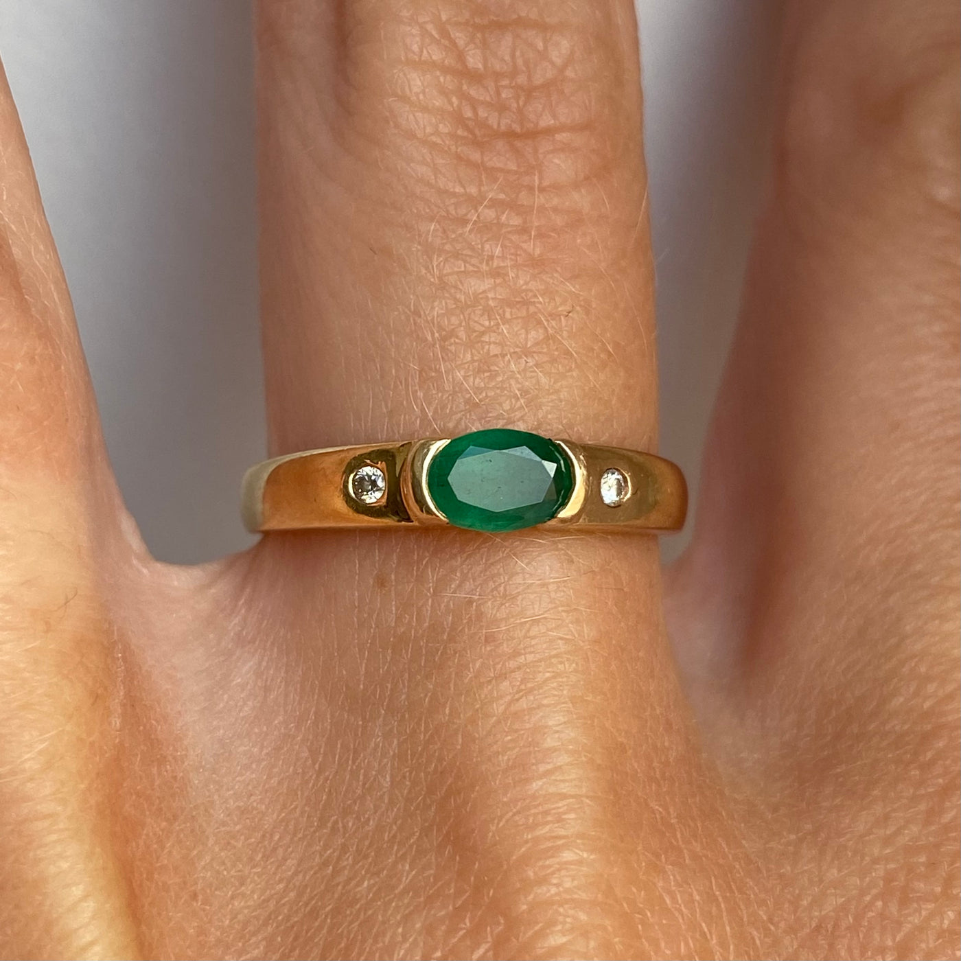 14ct Gold Oval Emerald & Double Diamond Ring