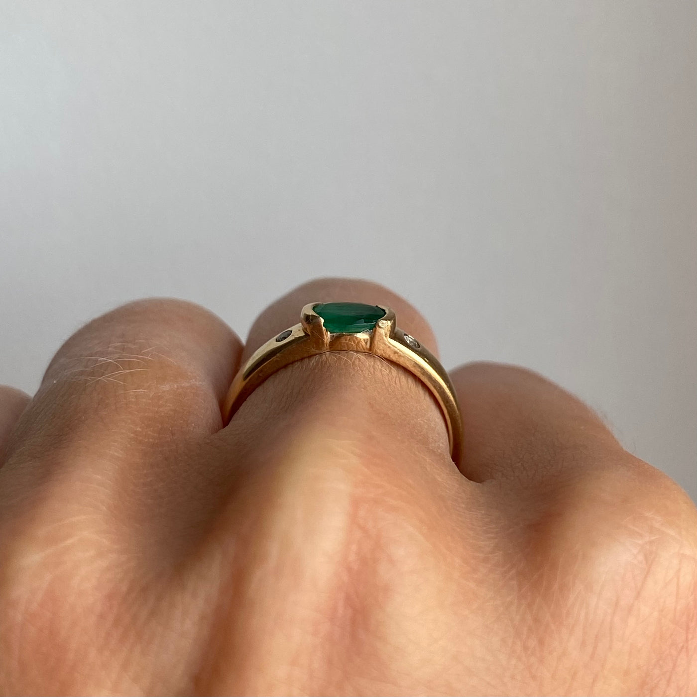 14ct Gold Oval Emerald & Double Diamond Ring