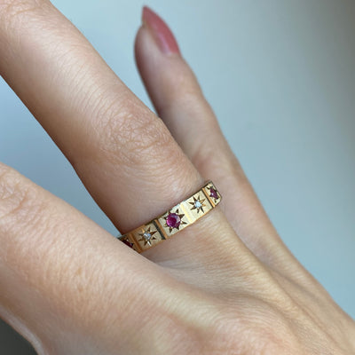 9ct Gold Diamond & Ruby Starburst Band Ring