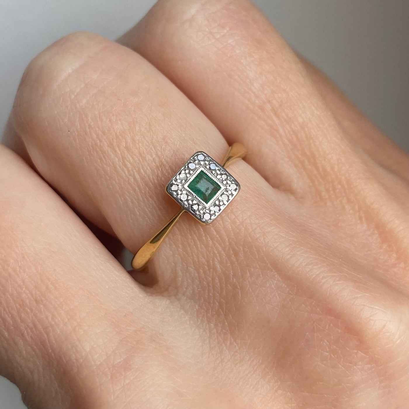 18ct Gold & Platinum Square Emerald & Diamond Ring