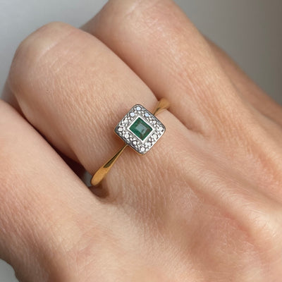 18ct Gold & Platinum Square Emerald & Diamond Ring