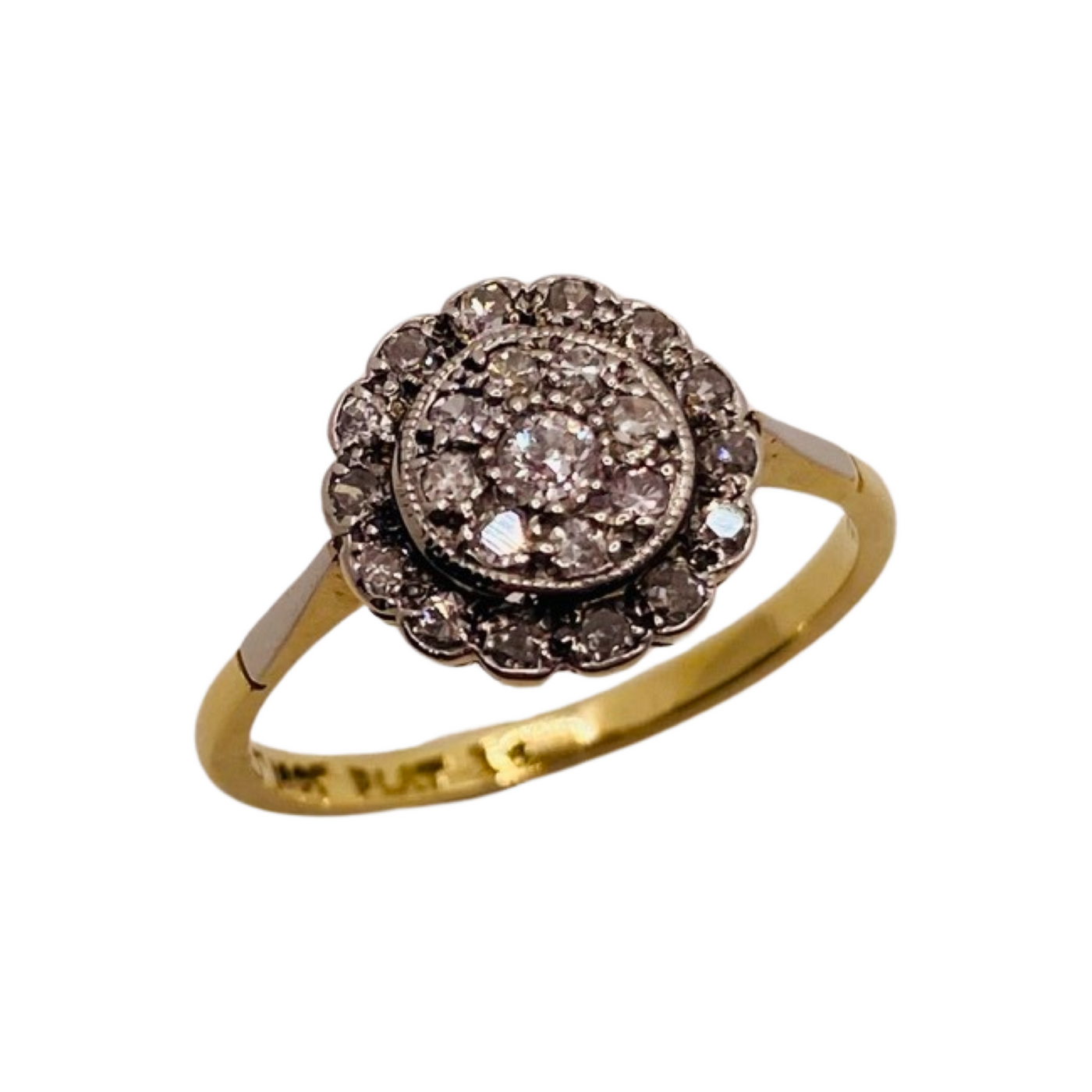 18ct Gold & Platinum Old Cut Diamond Daisy Deco Cluster Ring