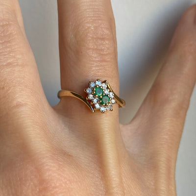 9ct Gold Diamond & Emerald Double Flower Ring