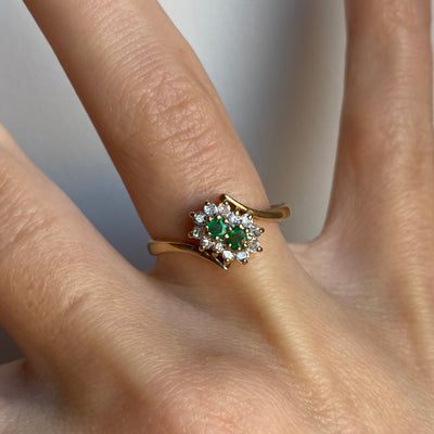 9ct Gold Diamond & Emerald Double Flower Ring