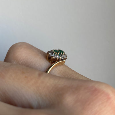 9ct Gold Diamond & Emerald Double Flower Ring