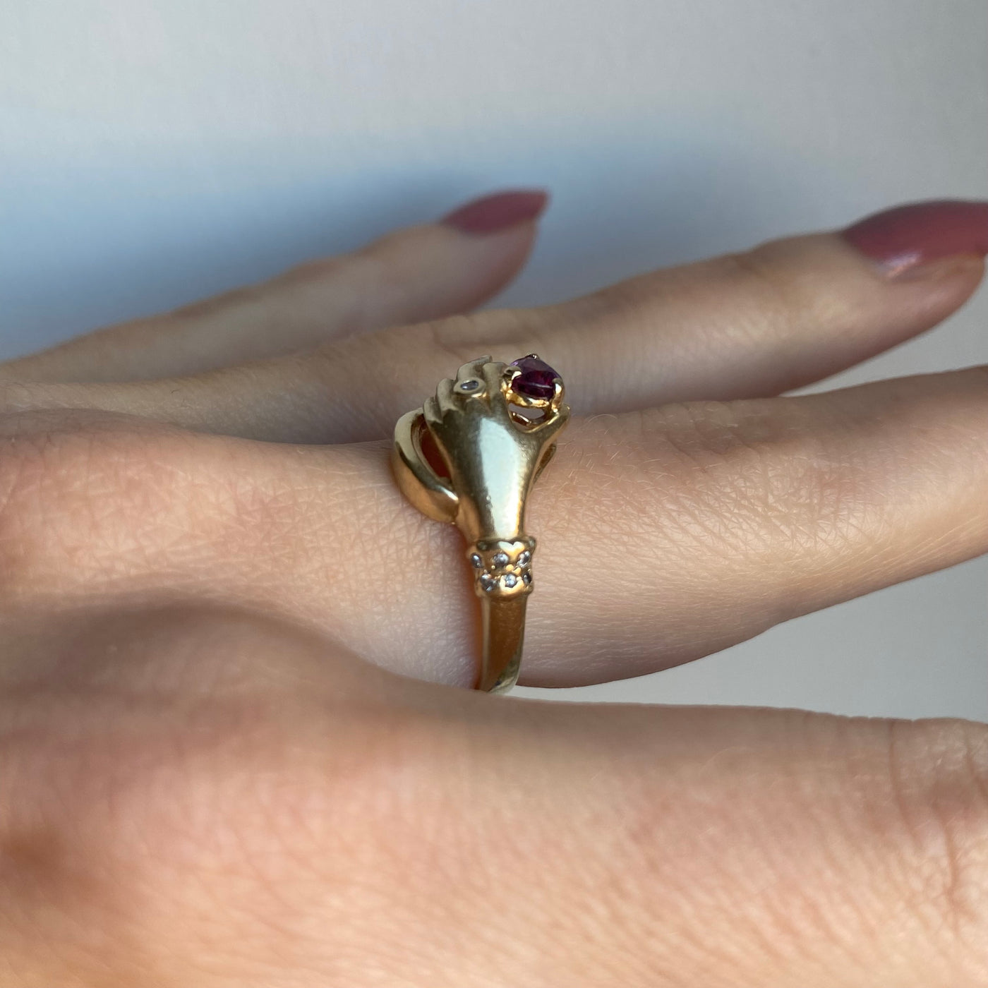 14ct Gold Ruby & Diamond Hand Ring