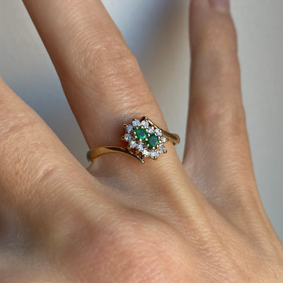 9ct Gold Diamond & Emerald Double Flower Ring