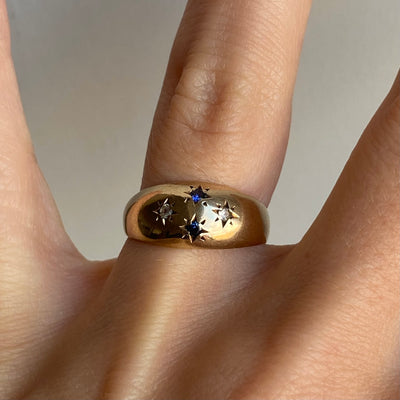 9ct Gold Blue and Clear Stone Starburst Bubble Ring