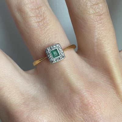 18ct Gold & Platinum Square Emerald & Diamond Ring