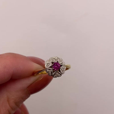 1960's Ruby & Diamond 18ct Gold Daisy Ring