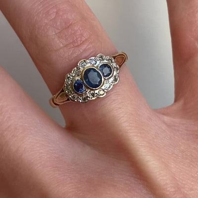 9ct Gold Ceylon Sapphire Trio Cluster Ring