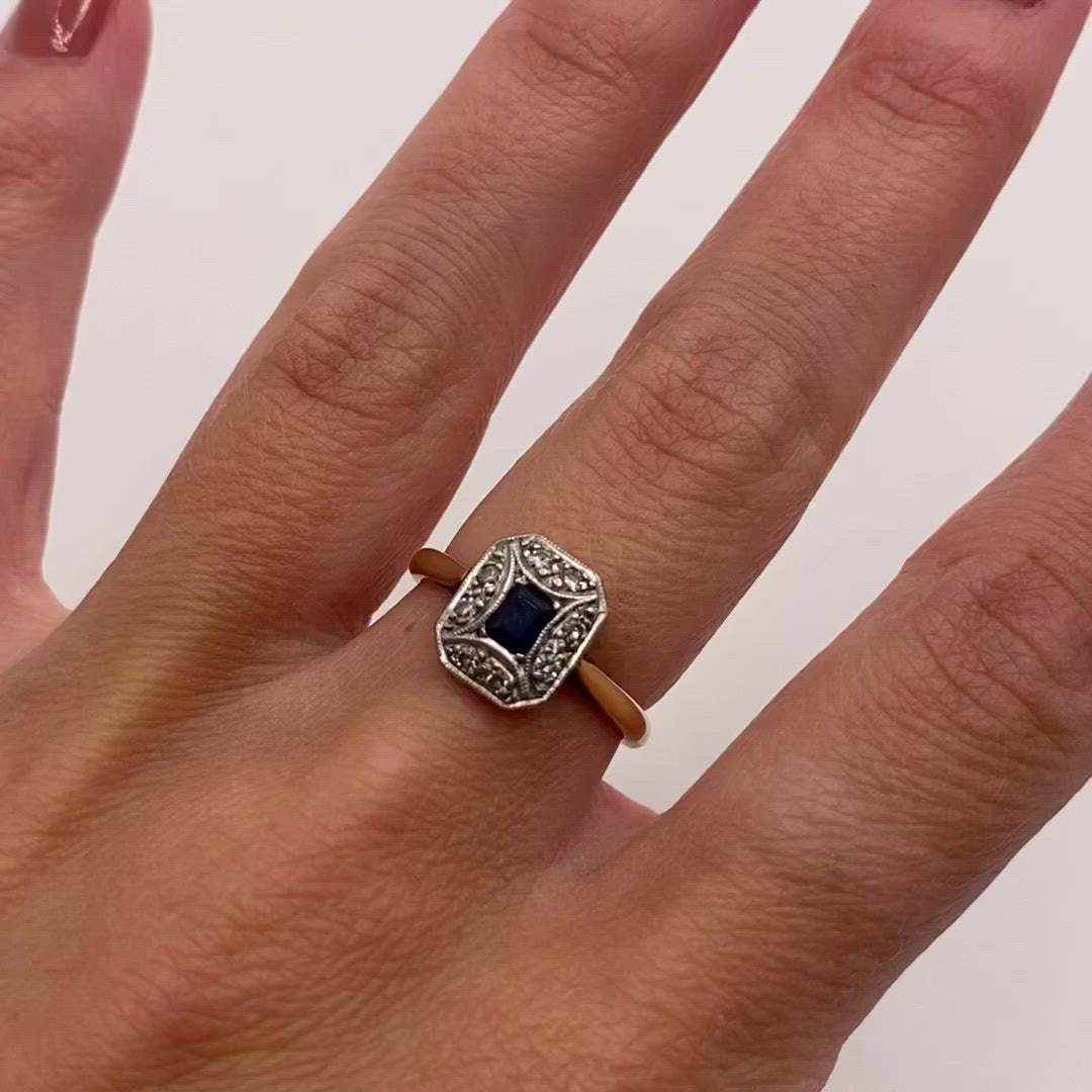 9ct Gold & Platinum, Sapphire & Diamond Art Deco Ring