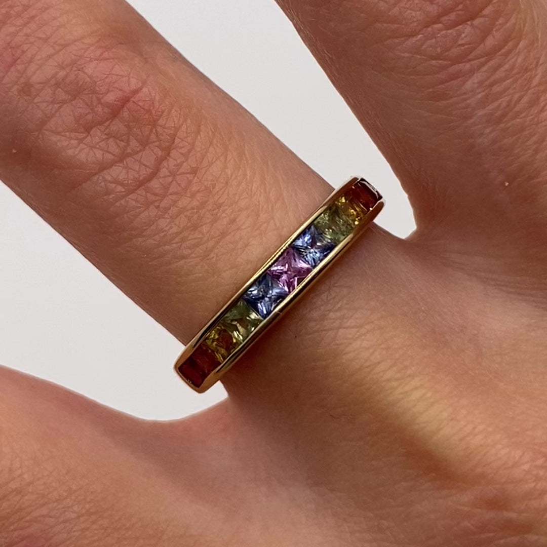 9ct Gold Princess Cut Sapphire Rainbow Ring