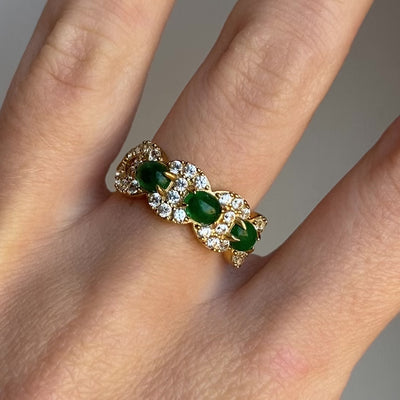 9ct Gold Emerald Cabochon & White Spinel Ring