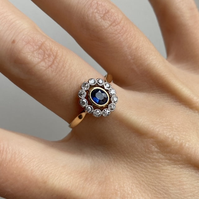 18ct Gold Sapphire & Old Cut Diamond Halo Ring