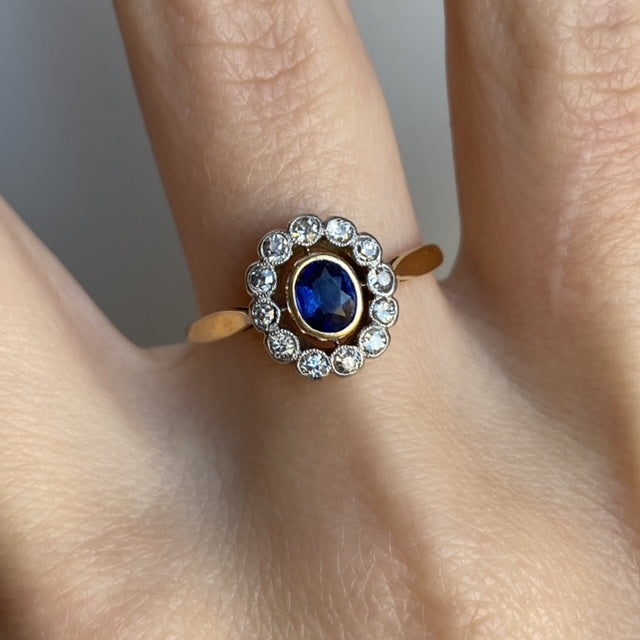 18ct Gold Sapphire & Old Cut Diamond Halo Ring