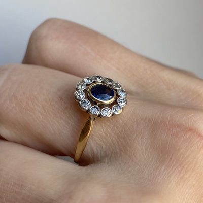 18ct Gold Sapphire & Old Cut Diamond Halo Ring