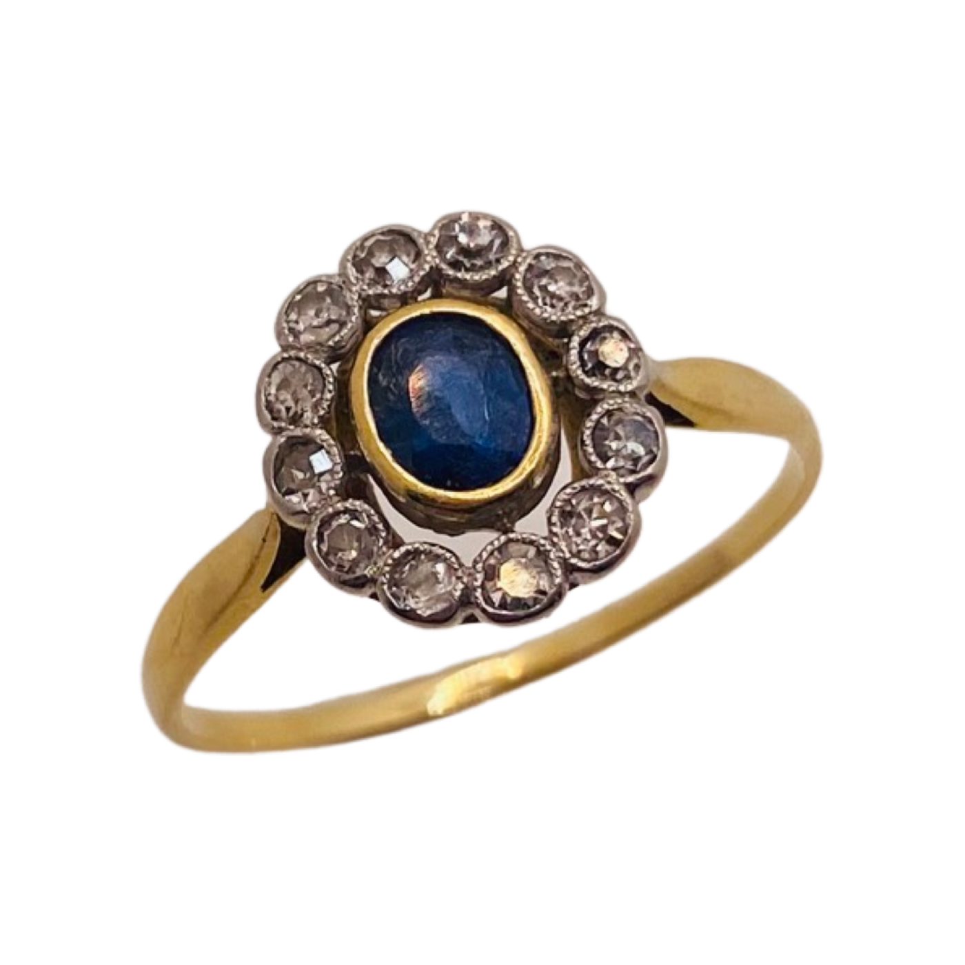 18ct Gold Sapphire & Old Cut Diamond Halo Ring