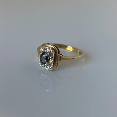 9ct Gold Art Deco Sapphire & Diamonds Raised Ring