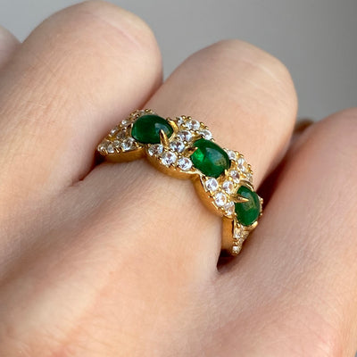 9ct Gold Emerald Cabochon & White Spinel Ring