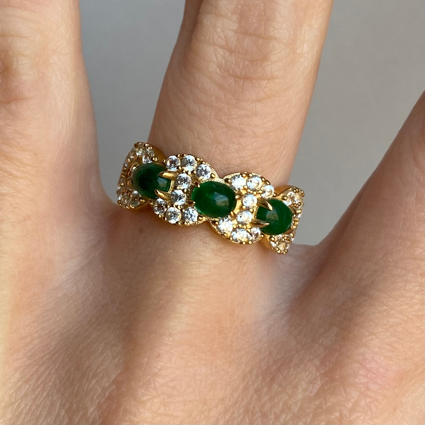 9ct Gold Emerald Cabochon & White Spinel Ring