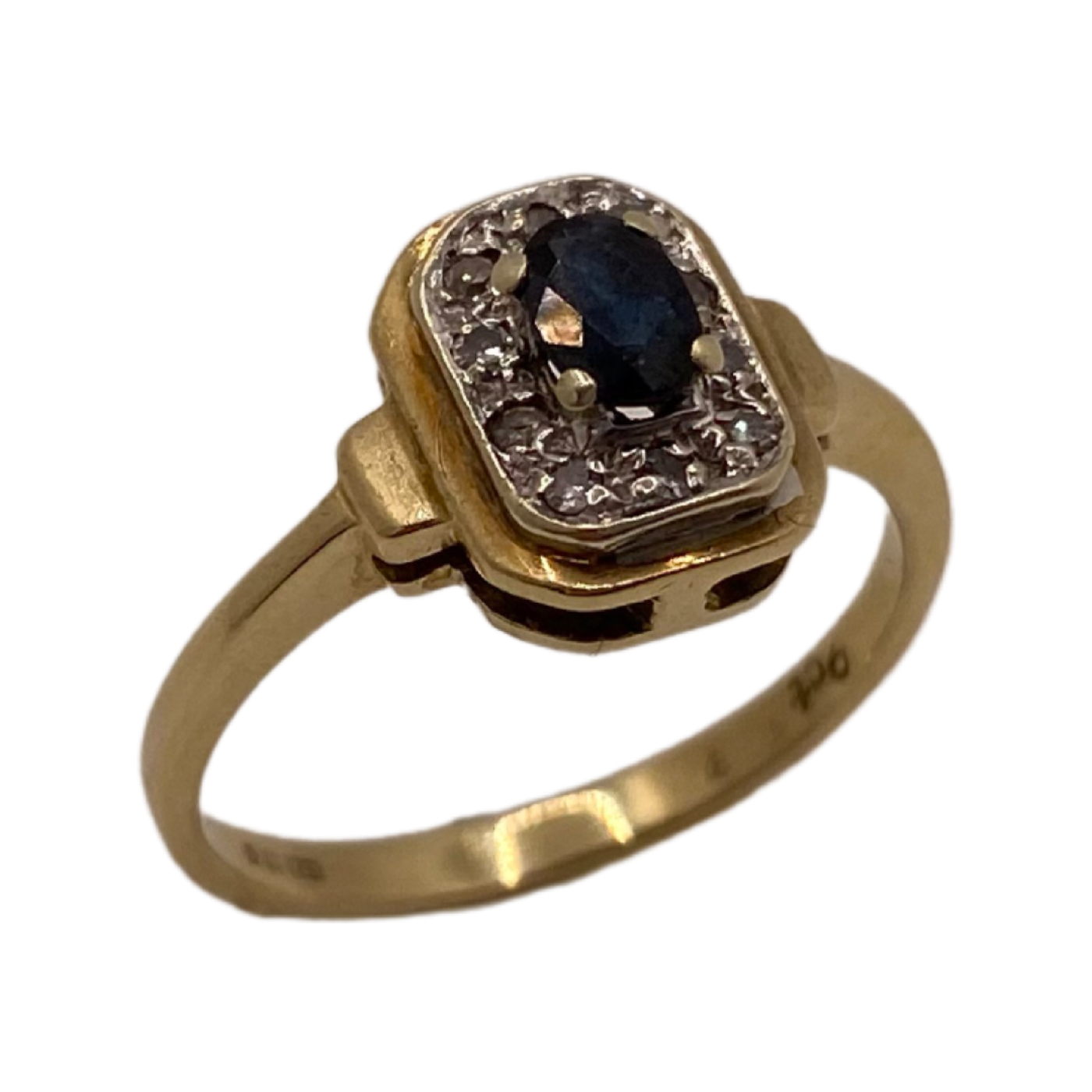 9ct Gold Art Deco Sapphire & Diamonds Raised Ring