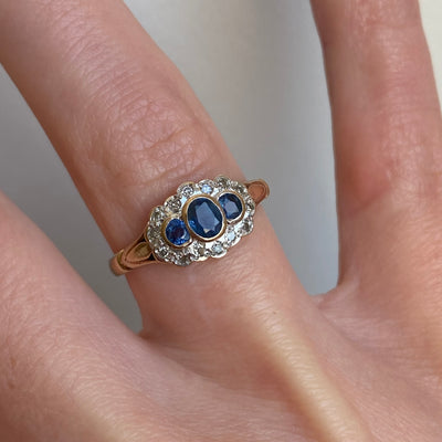 9ct Gold Ceylon Sapphire Trio Cluster Ring