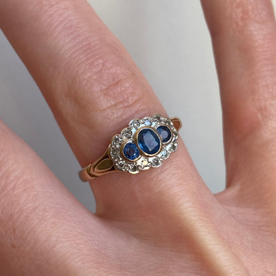 9ct Gold Ceylon Sapphire Trio Cluster Ring