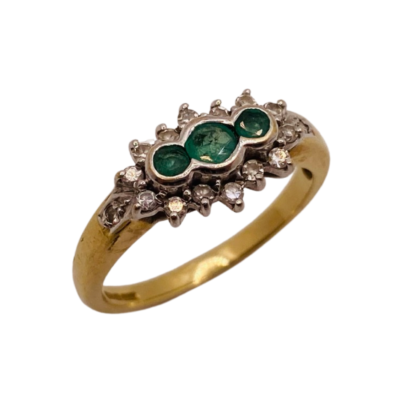 9ct Gold Emerald Trio & Diamonds Ring