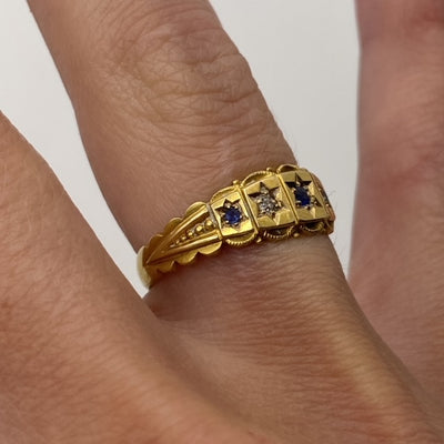 Antique 18ct Gold Victorian Panel Sapphire & Diamond Ring