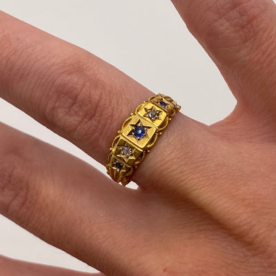 Antique 18ct Gold Victorian Panel Sapphire & Diamond Ring