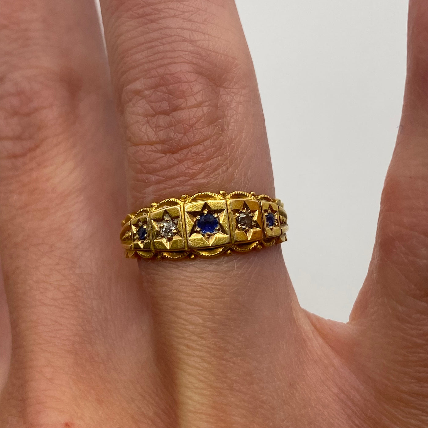 Antique 18ct Gold Victorian Panel Sapphire & Diamond Ring